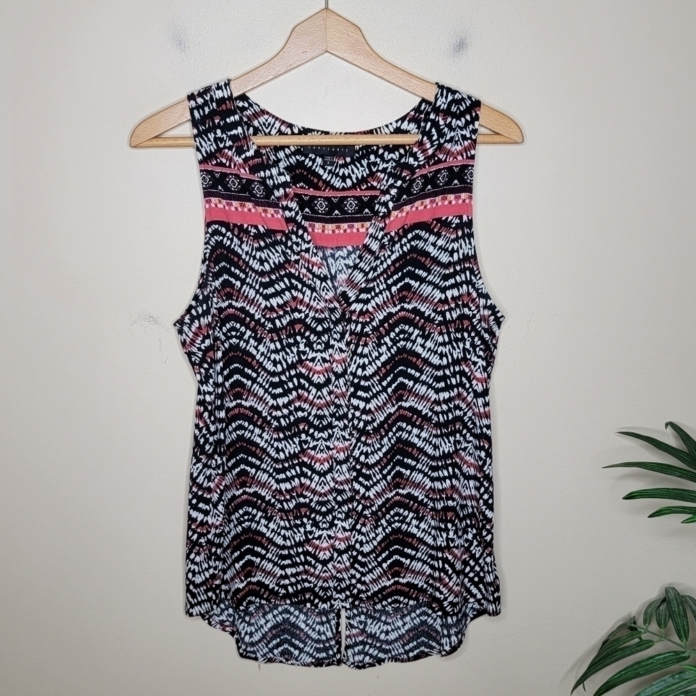 Sanctuary Black White Coral Print V-neck Button Up Sleeveless Blouse Size Small